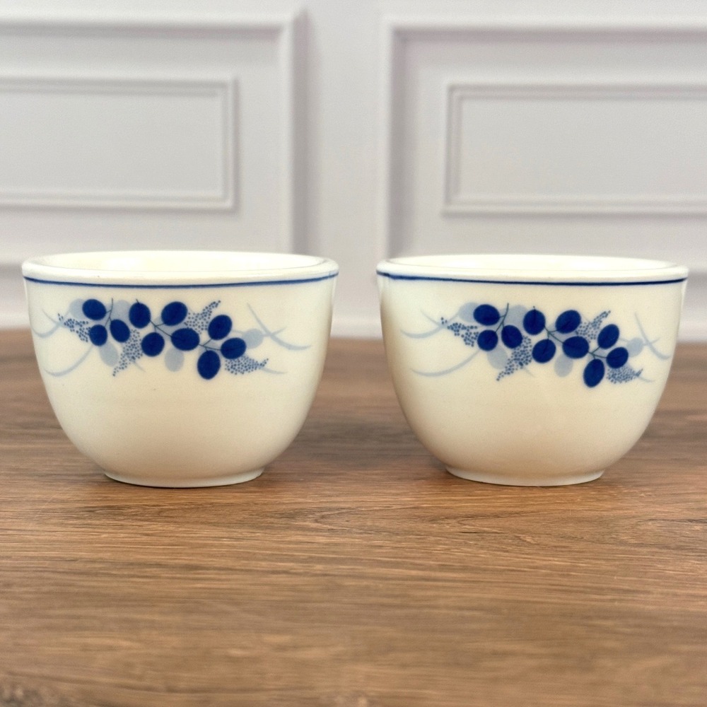 VTG PAIR (2) Lhong Tao Blue and White Blueberry Pattern Porcelain Teacups